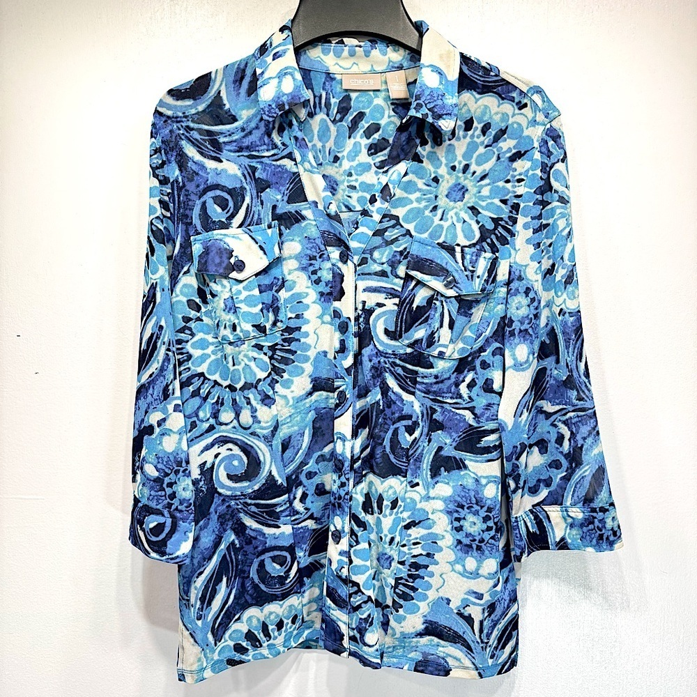 Chico’s Blue Abstract Print Sheer Mesh Tunic Button Front 3/4 Sleeves 1/Medium